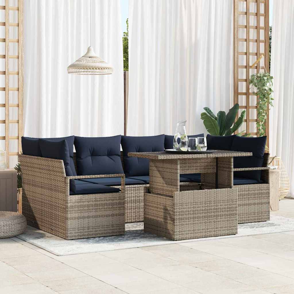 Havesofa Sæt 7 stk. 6-Antal sæder Grå og Marineblå polyrattan