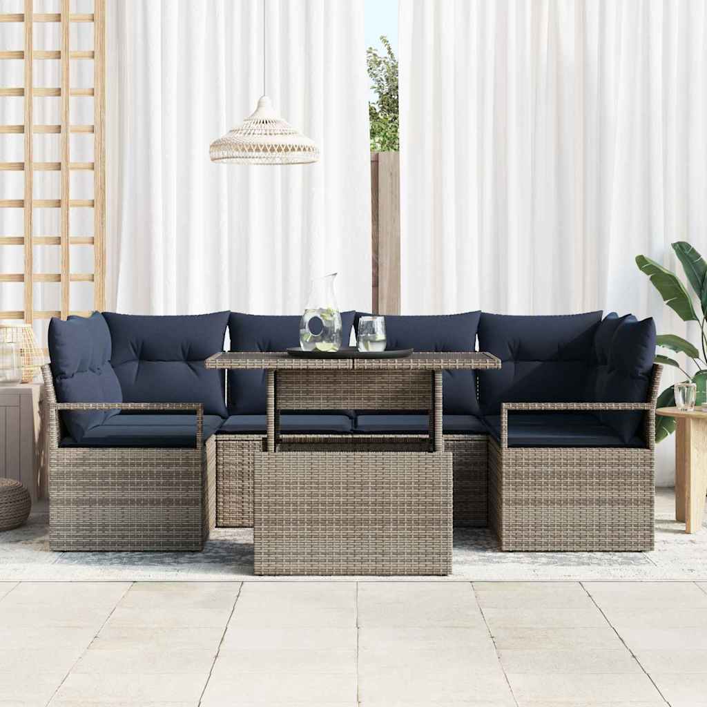 Havesofa Sæt 7 stk. 6-Antal sæder Grå og Marineblå polyrattan