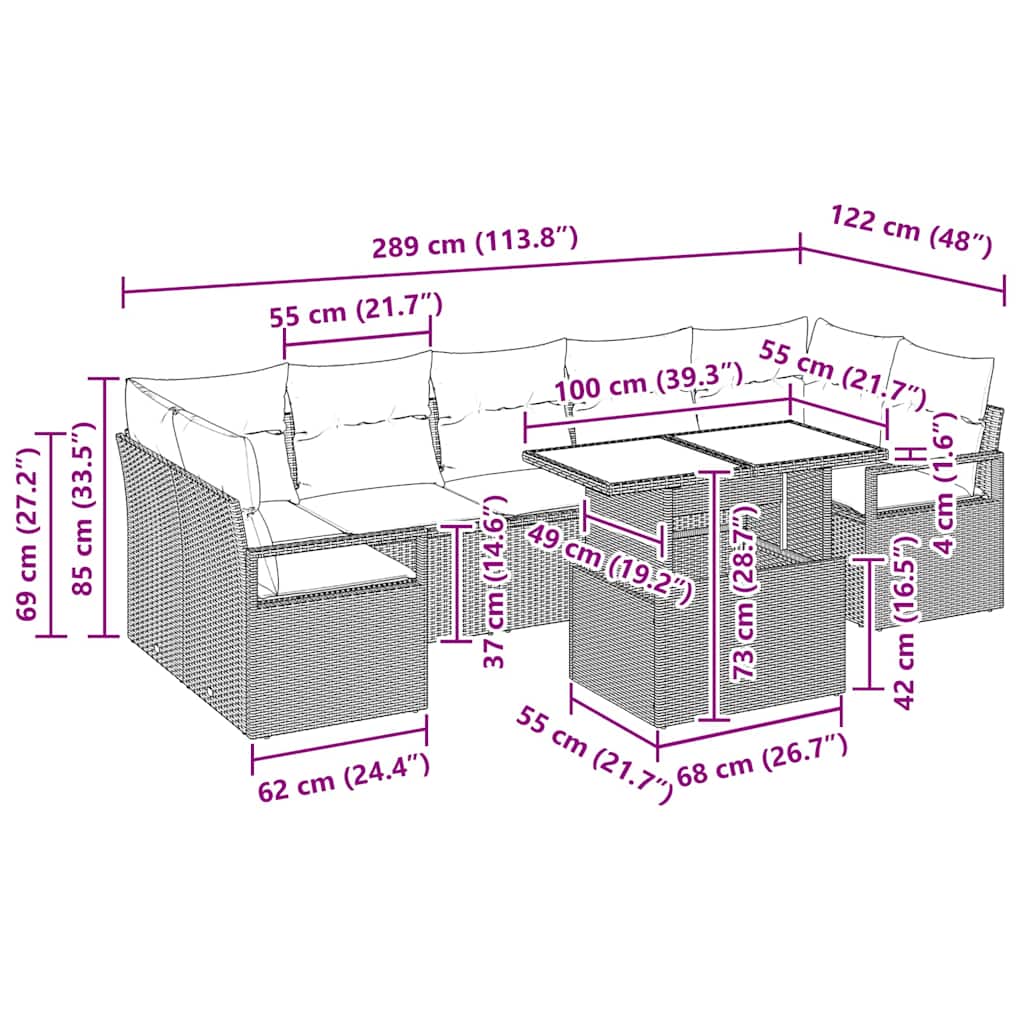 Havesofa Sæt 8 stk. 7-Antal sæder Sort polyrattan