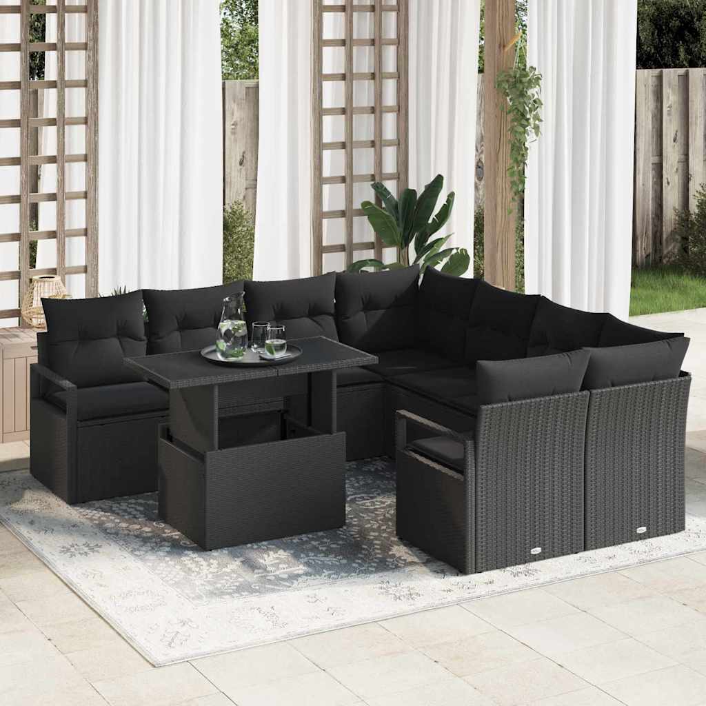 Havesofa Sæt 9 stk. 8-Antal sæder Sort polyrattan