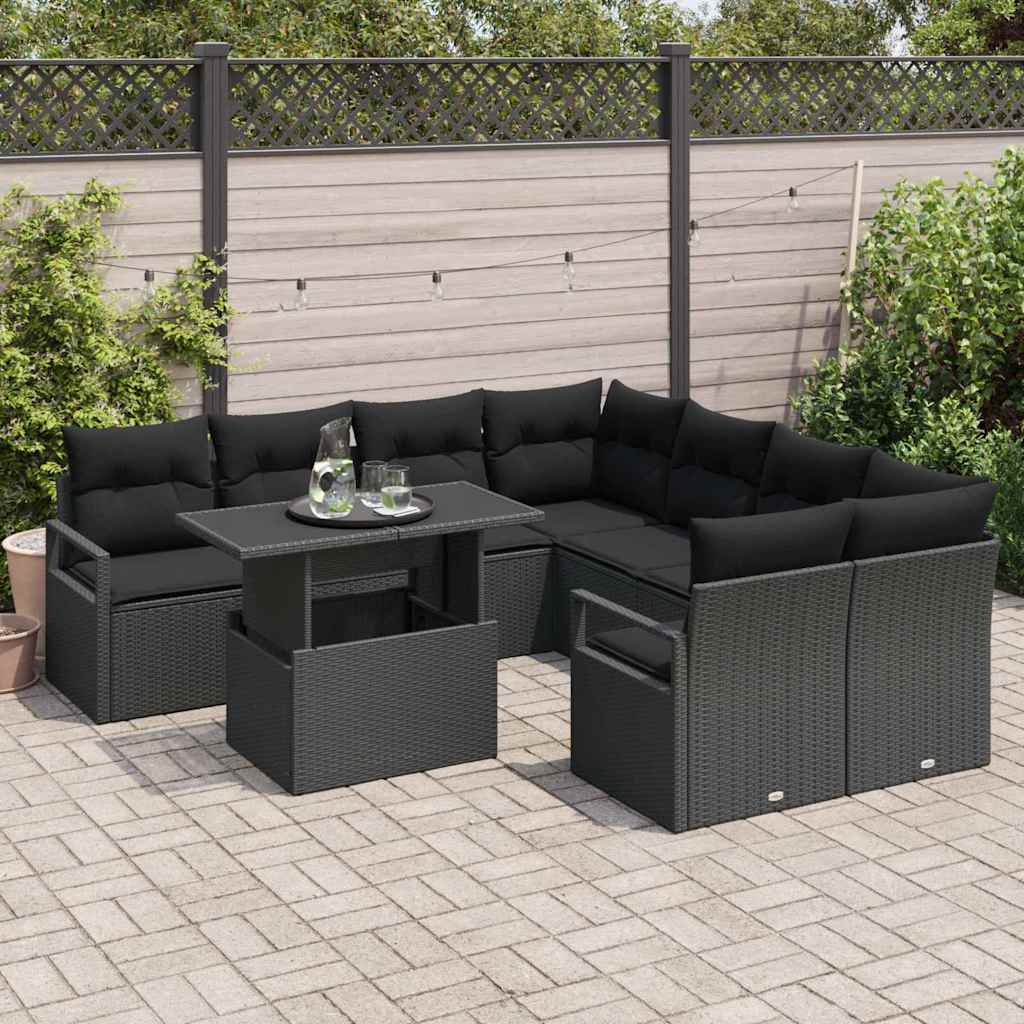 Havesofa Sæt 9 stk. 8-Antal sæder Sort polyrattan