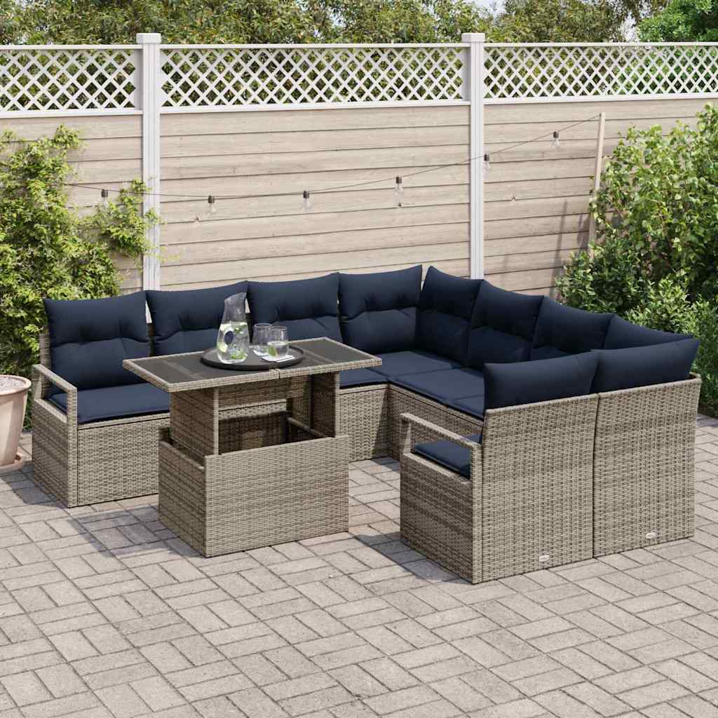 Havesofa Sæt 9 stk. 8-Antal sæder Grå og Marineblå polyrattan