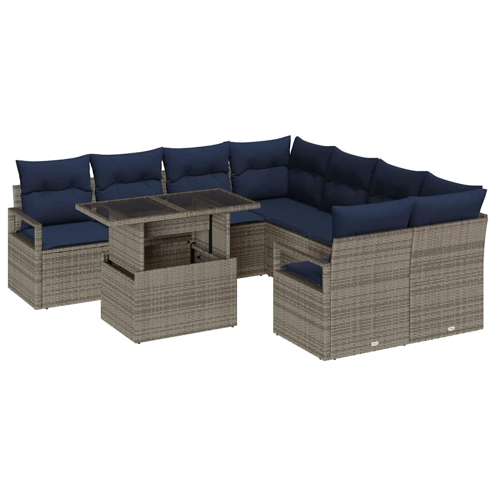 Havesofa Sæt 9 stk. 8-Antal sæder Grå og Marineblå polyrattan