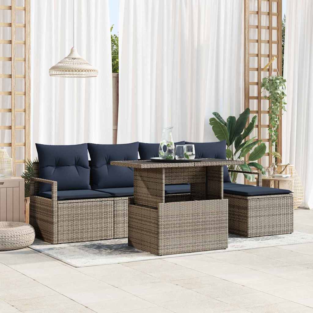 Havesofa Sæt 6 stk. Grå og Marineblå polyrattan