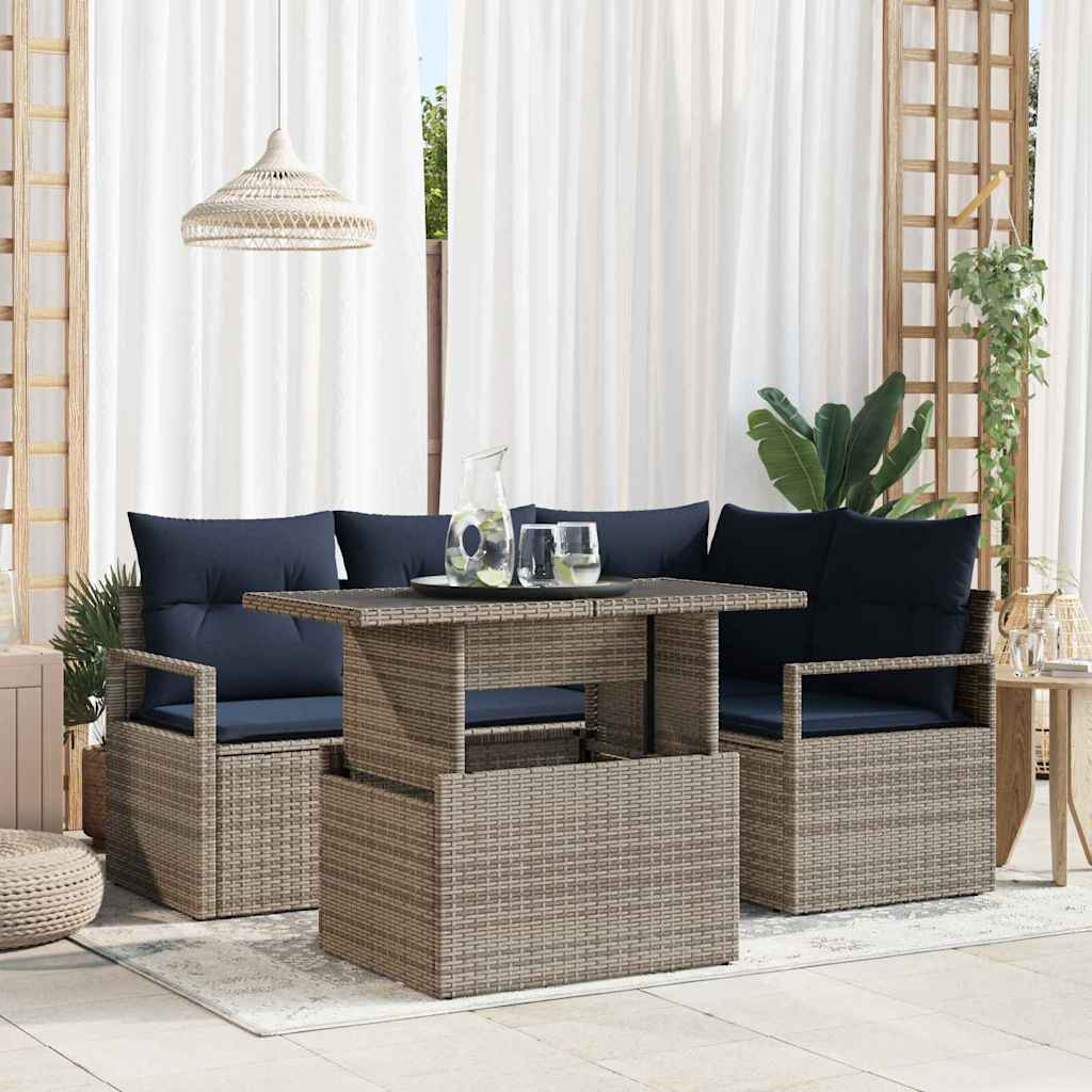 Havesofa Sæt 5 stk. 4-Antal sæder Grå og Marineblå polyrattan