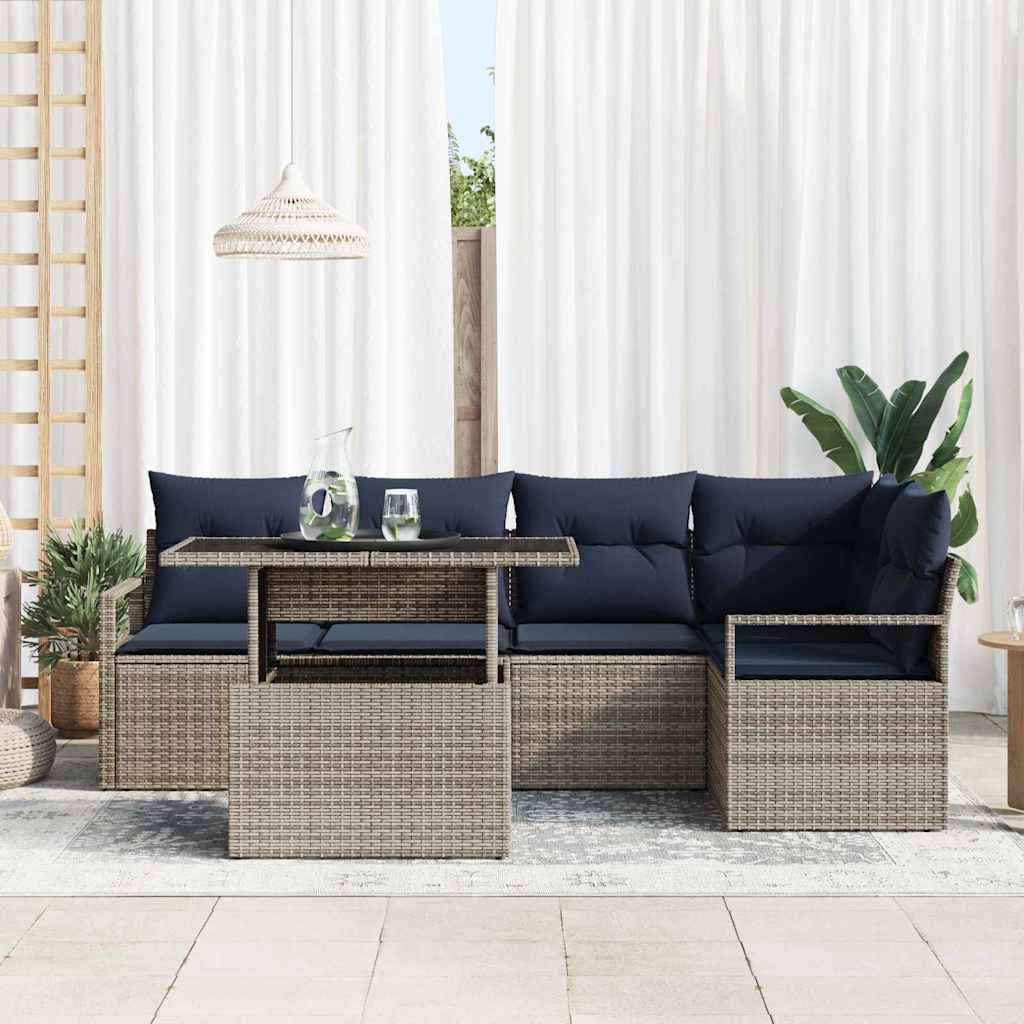 Havesofa Sæt 6 stk. 5-Antal sæder Grå og Marineblå polyrattan