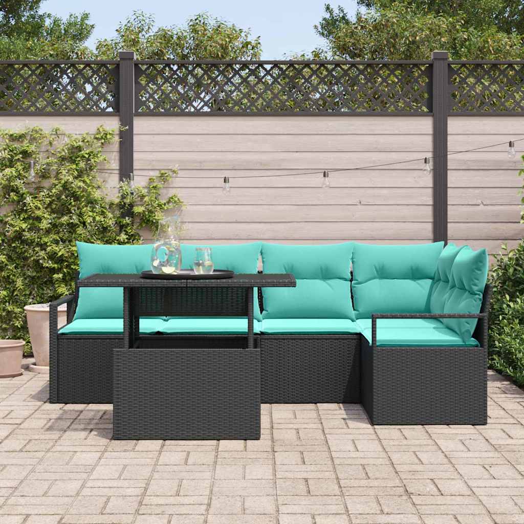 Havesofa Sæt 6 stk. 5-Antal sæder Sort og Blå polyrattan