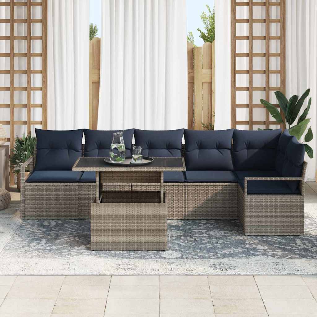 Havesofa Sæt 7 stk. 6-Antal sæder Grå og Marineblå polyrattan