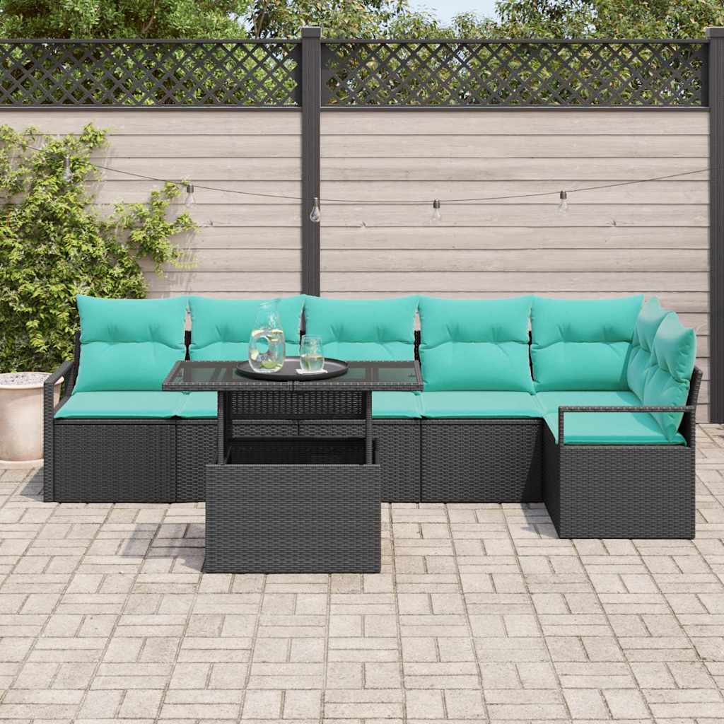 Havesofa Sæt 7 stk. 6-Antal sæder Sort og Blå polyrattan