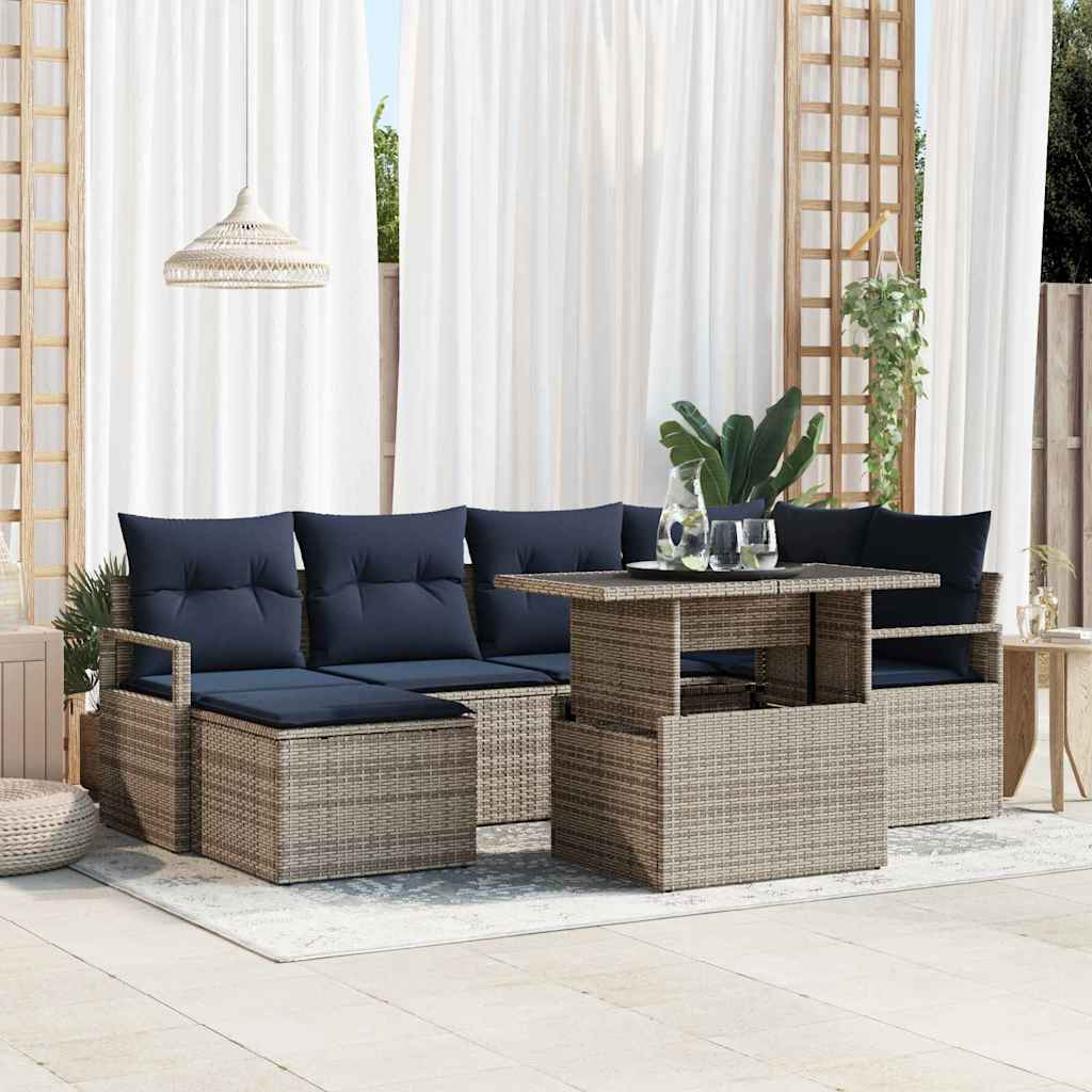 Havesofa Sæt 7 stk. Grå og Marineblå Poly rattan