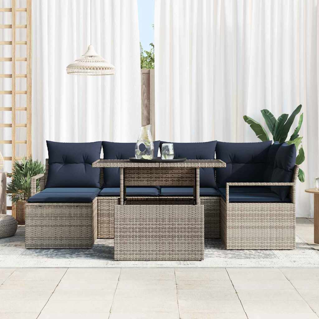 Havesofa Sæt 7 stk. Grå og Marineblå Poly rattan