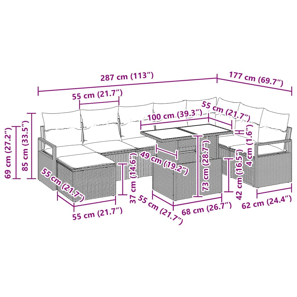 Havesofa Sæt 9 stk. Sort polyrattan