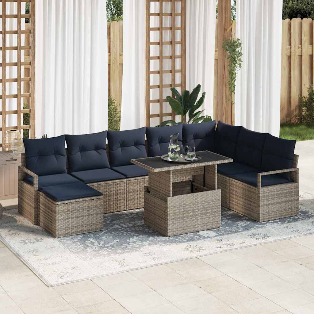 Havesofa Sæt 9 stk. Grå og Marineblå polyrattan