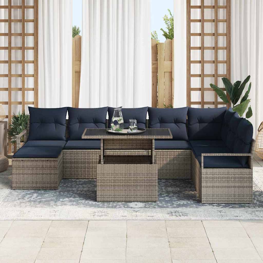 Havesofa Sæt 9 stk. Grå og Marineblå polyrattan