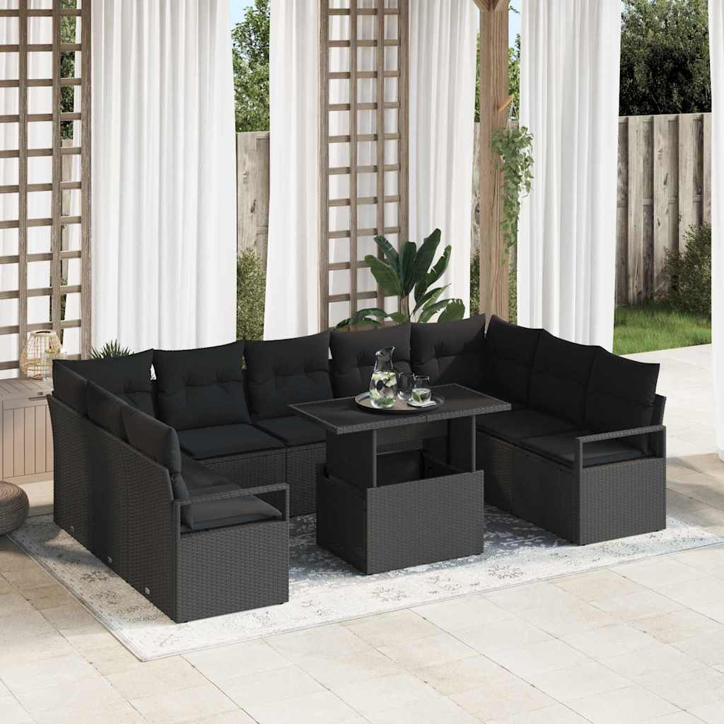 Havesofa Sæt 10 stk. 9-Antal sæder Sort polyrattan