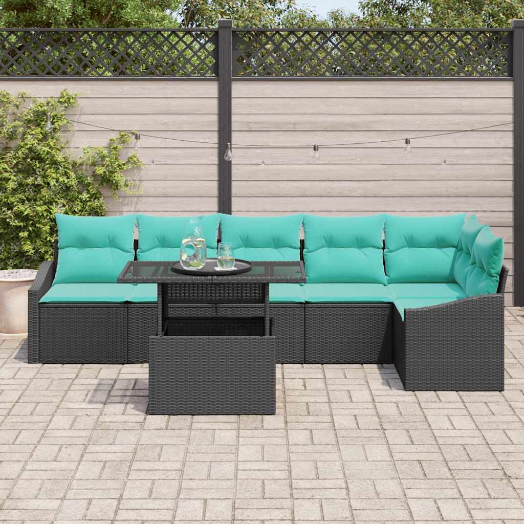 Havesofa Sæt 7 stk. Sort og Blå polyrattan