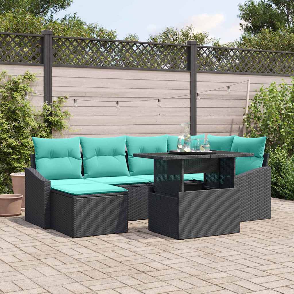 Sofa Sæt 7 stk. Sort og Blå Poly rattan