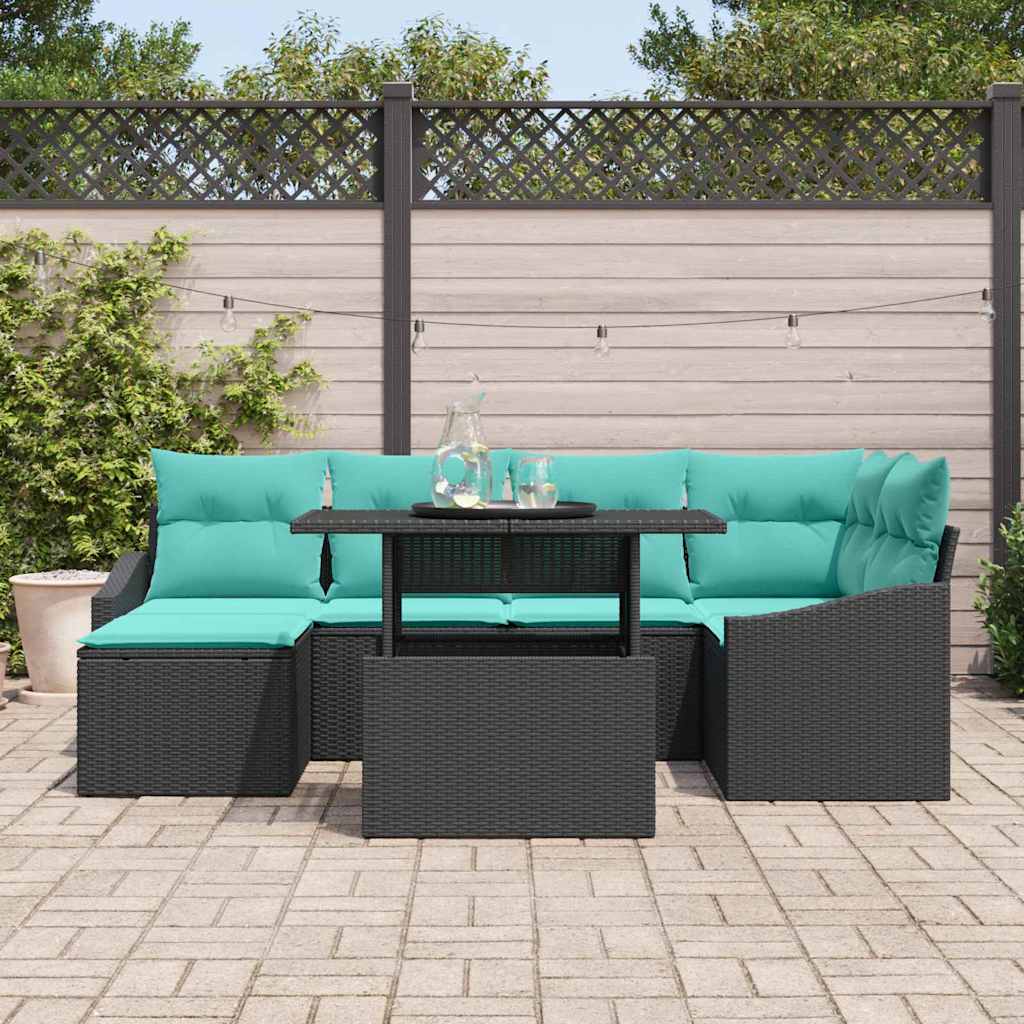 Sofa Sæt 7 stk. Sort og Blå Poly rattan