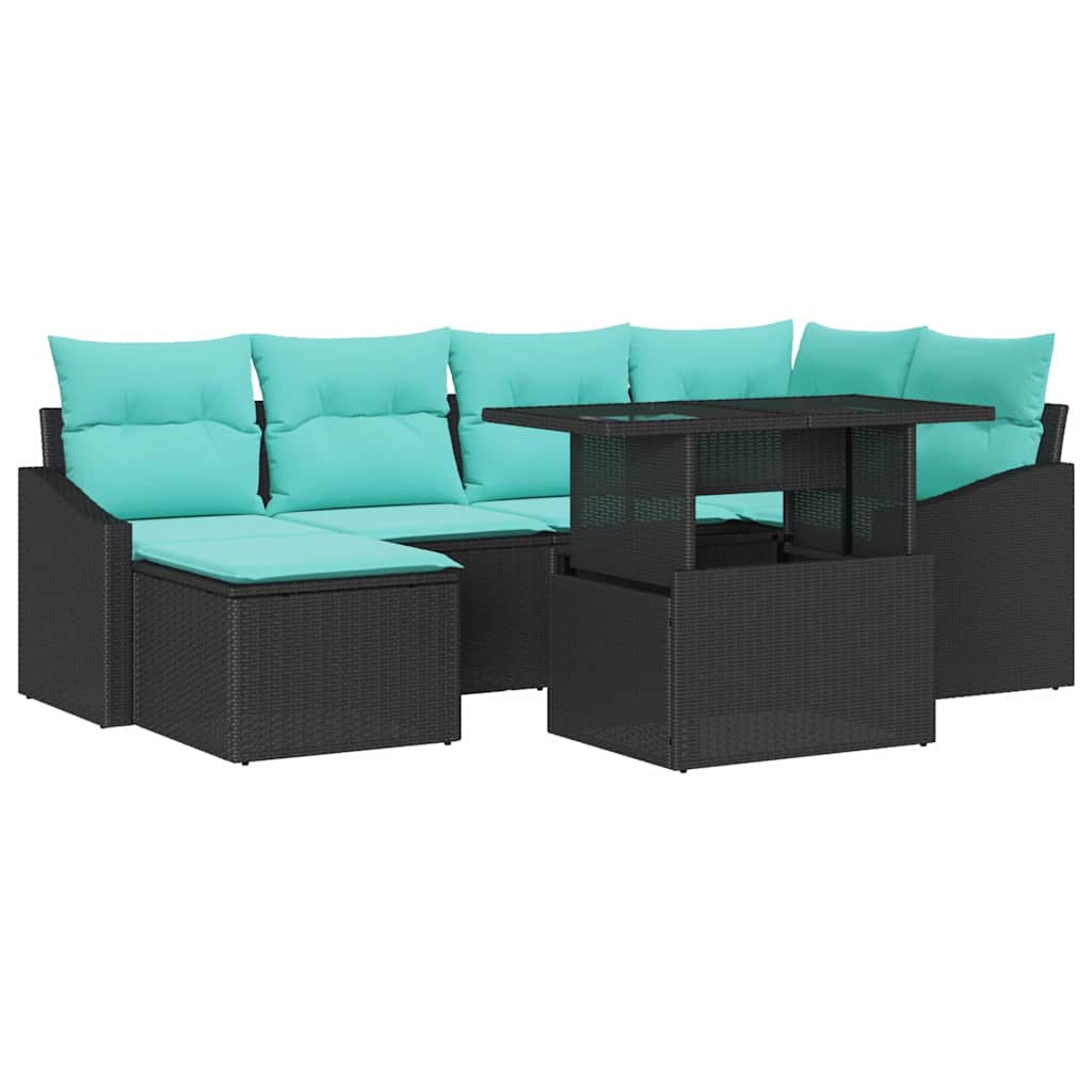 Sofa Sæt 7 stk. Sort og Blå Poly rattan