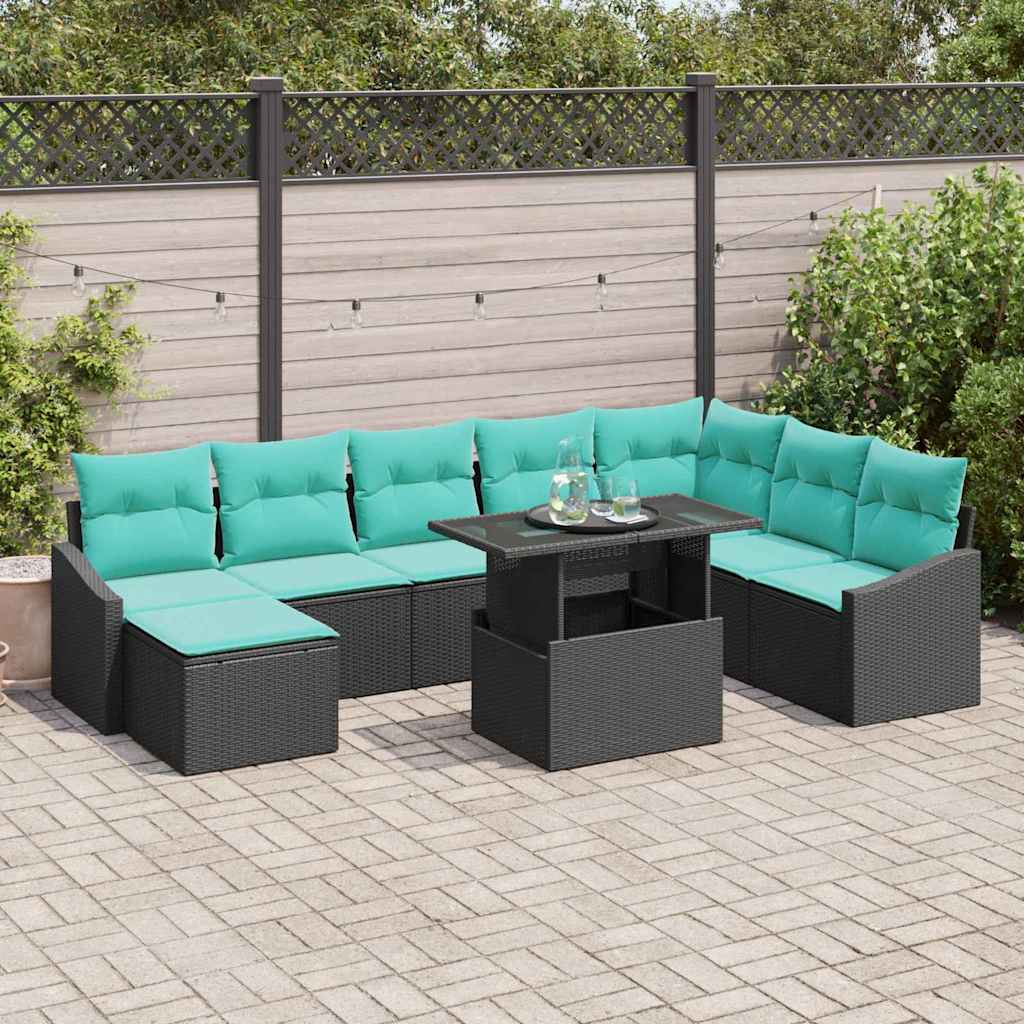 Sofa Sæt 9 stk. Sort og Blå polyrattan