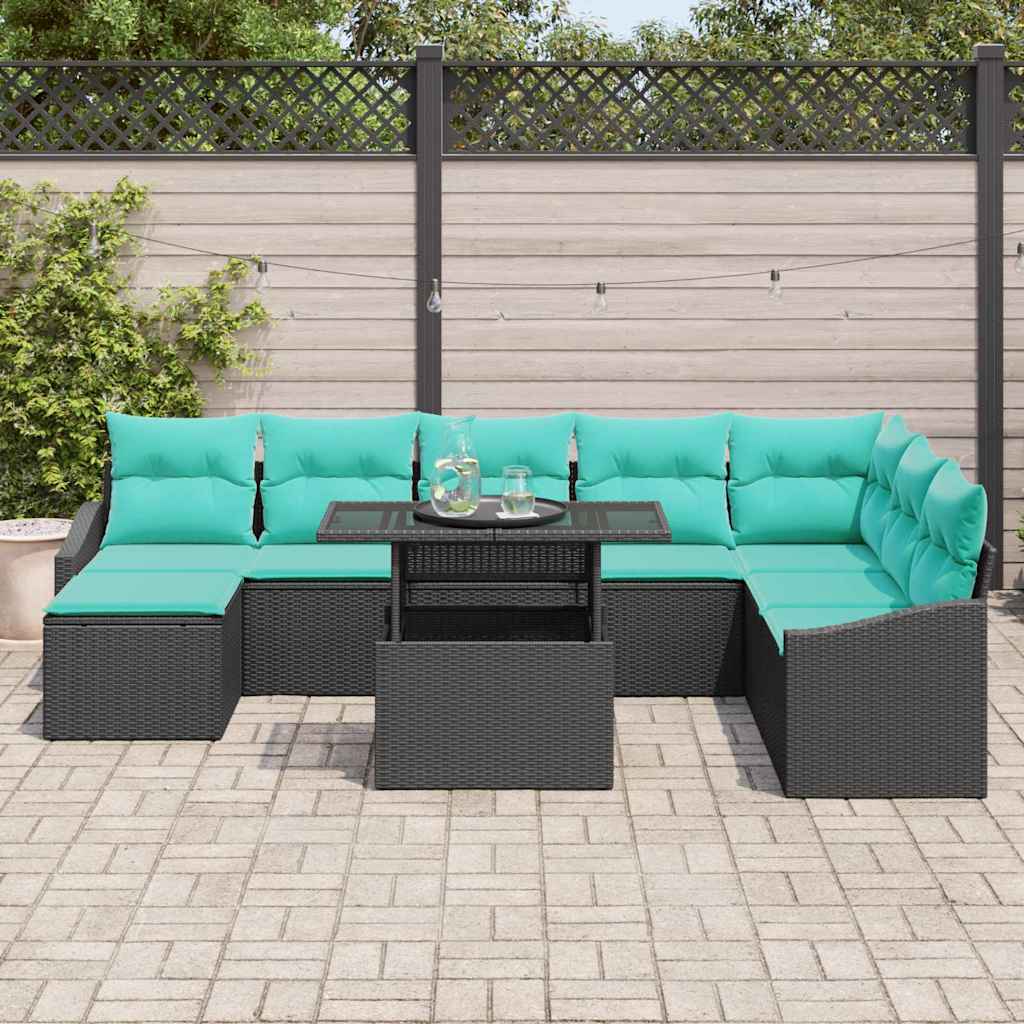 Sofa Sæt 9 stk. Sort og Blå polyrattan