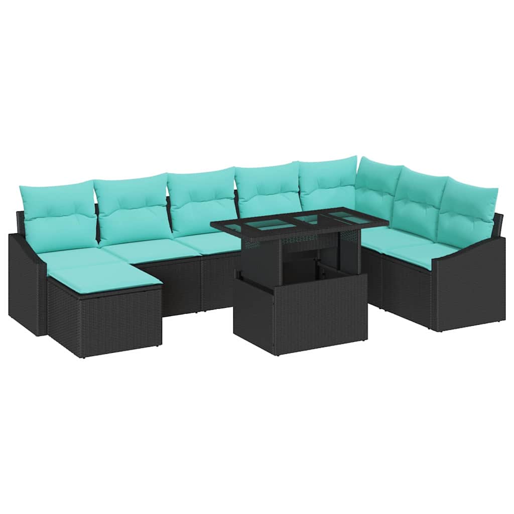 Sofa Sæt 9 stk. Sort og Blå polyrattan