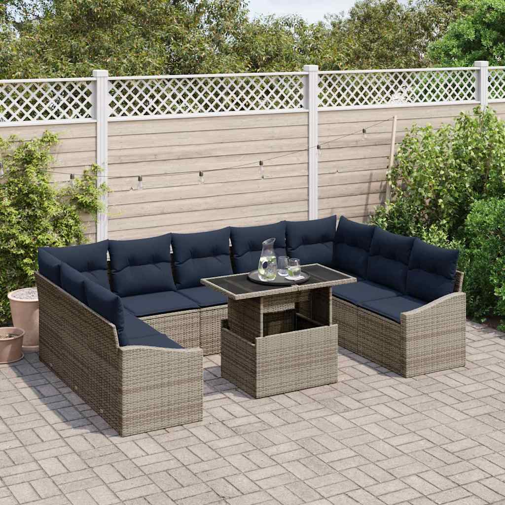Sofa Sæt 10 stk. 9-Antal sæder Sort og Blå polyrattan