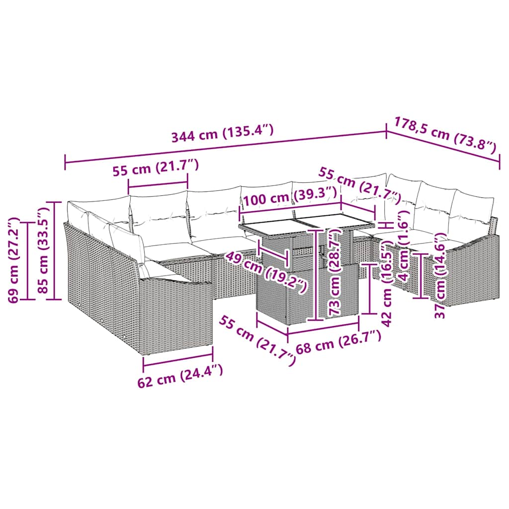 Sofa Sæt 11 stk. Sort polyrattan