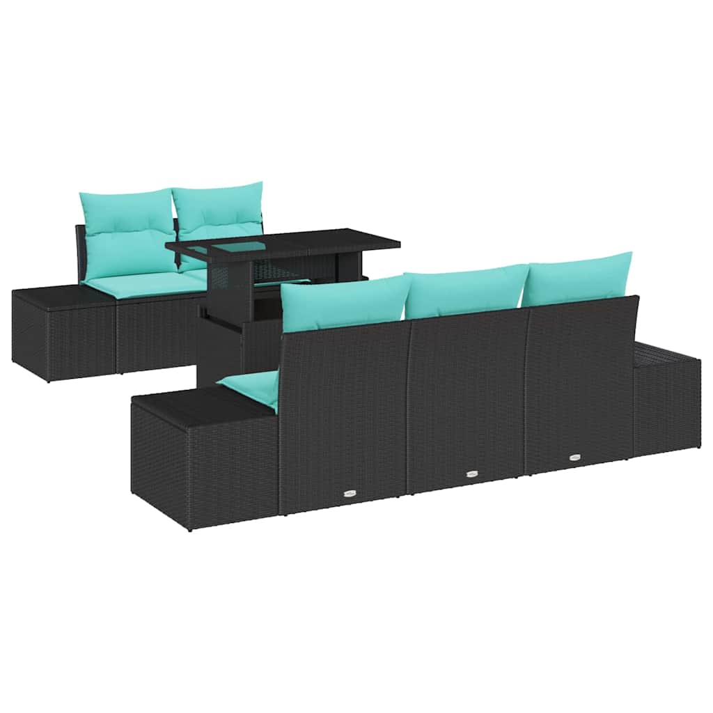 Sofa Sæt 6 stk. 5-Antal sæder Sort og Blå polyrattan