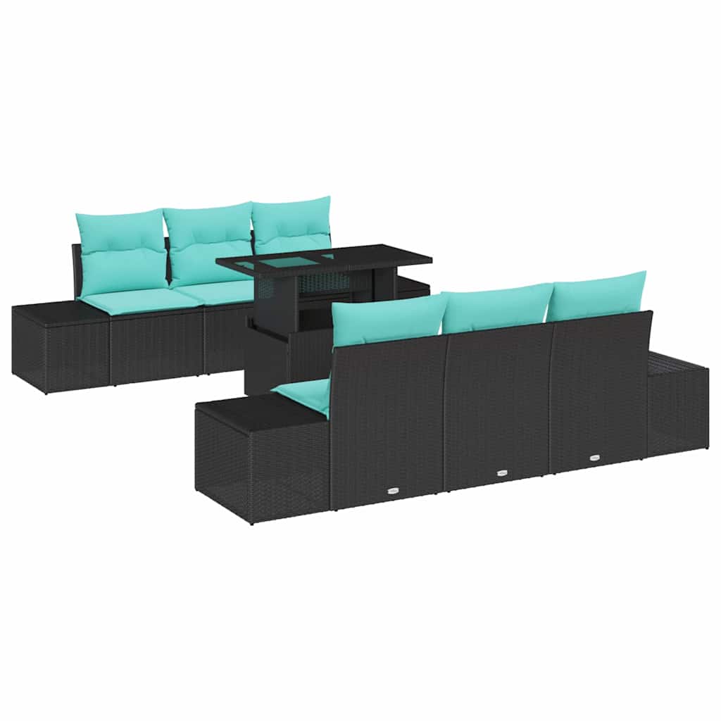 Sofa Sæt 7 stk. 6-Antal sæder Sort og Blå polyrattan