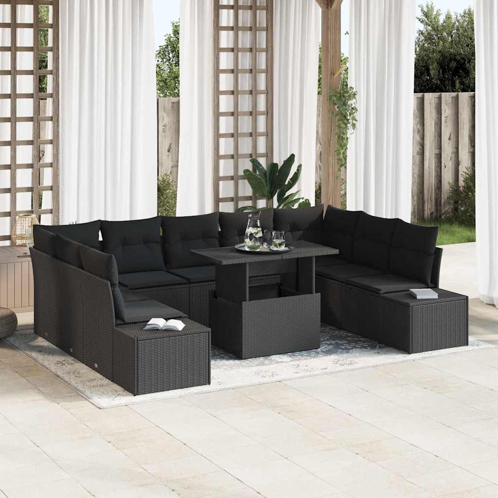 Havesofa Sæt 10 stk. Sort polyrattan