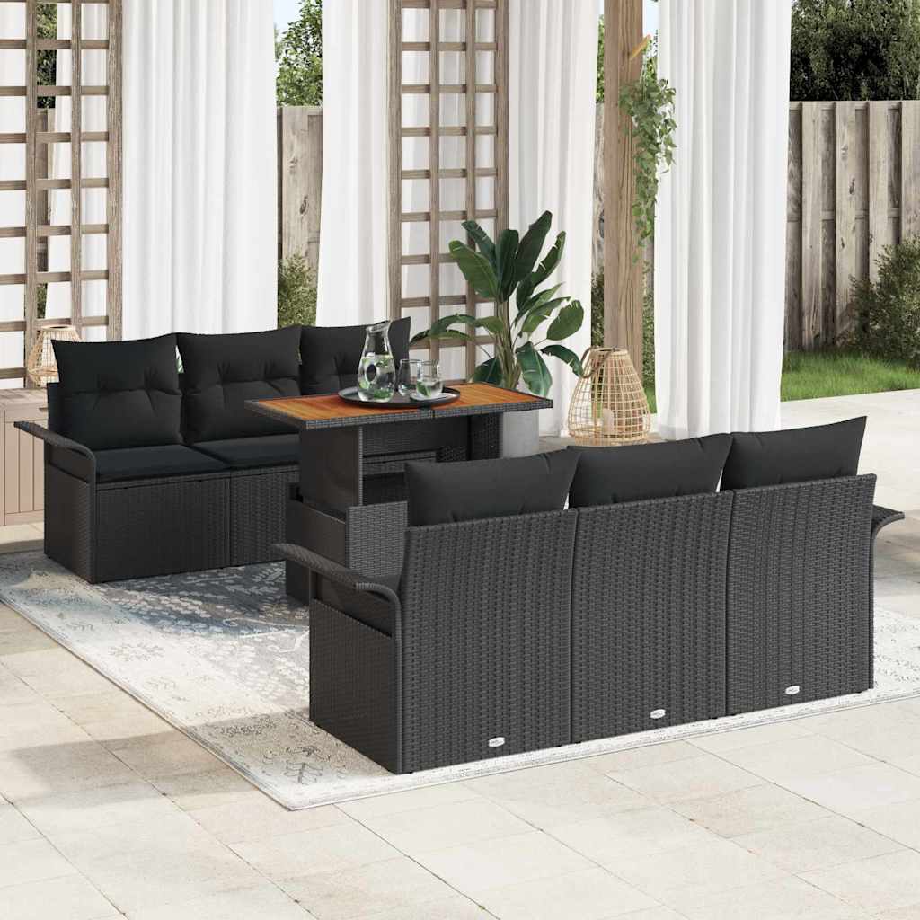 Havesofa Sæt 7 stk. Sort Polyrattan og pulverlakeret stål