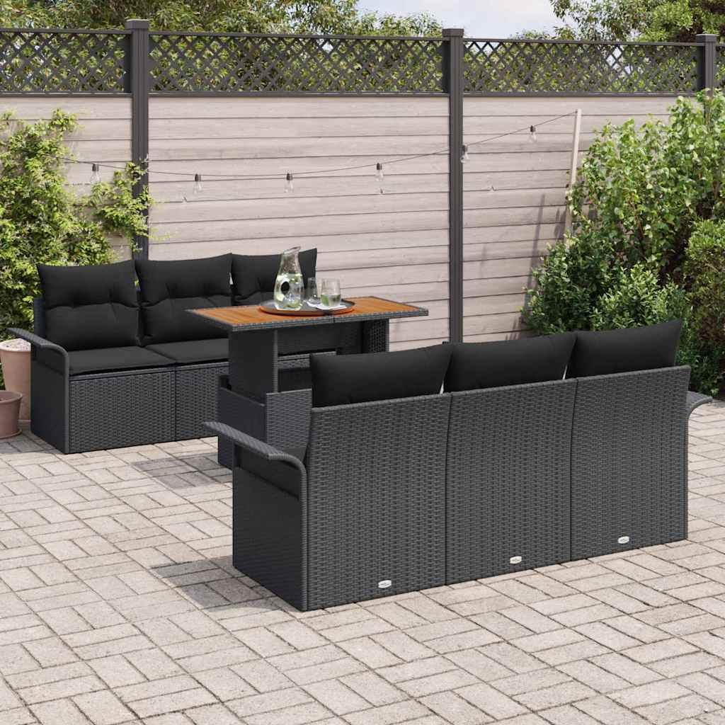 Havesofa Sæt 7 stk. Sort Polyrattan og pulverlakeret stål