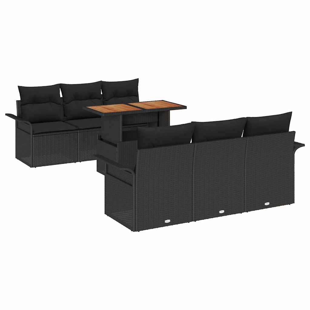 Havesofa Sæt 7 stk. Sort Polyrattan og pulverlakeret stål