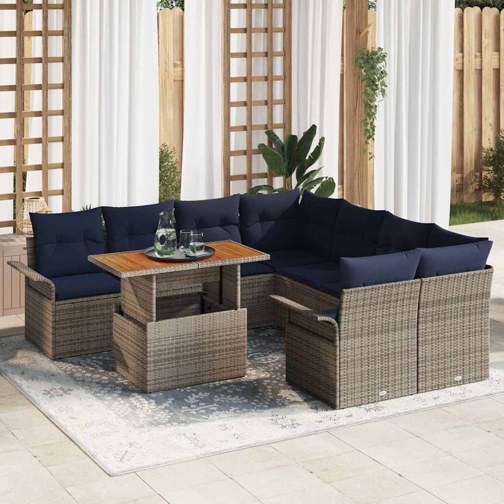 Havesofa Sæt 9 stk. Grå og Marineblå polyrattan