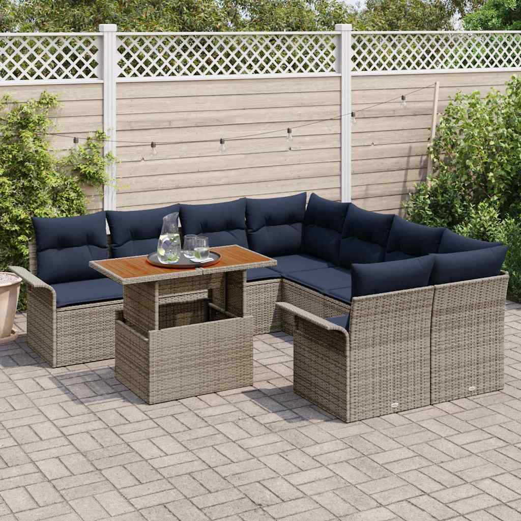 Havesofa Sæt 9 stk. Grå og Marineblå polyrattan
