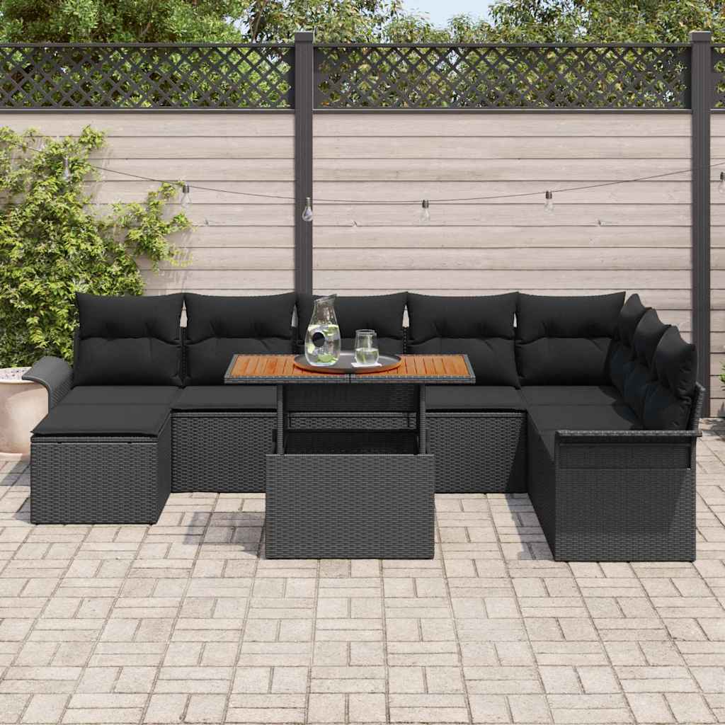 Havesofa Sæt 9 stk. Sort Polyrattan og pulverlakeret stål