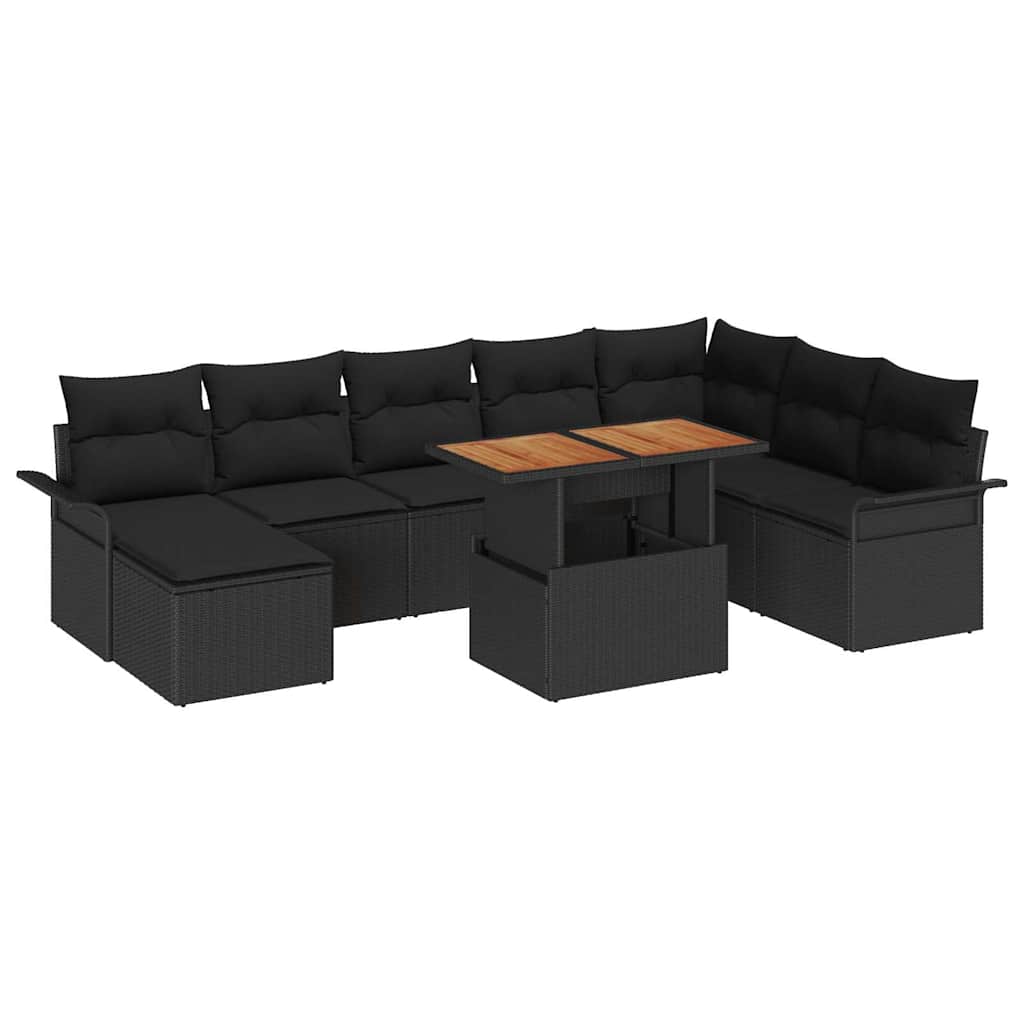 Havesofa Sæt 9 stk. Sort Polyrattan og pulverlakeret stål