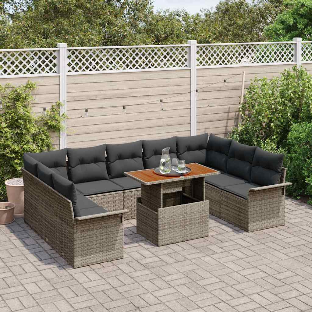 Havesofa Sæt 10 stk. Grå Polyrattan og pulverlakeret stål