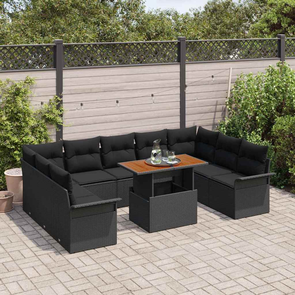 Havesofa Sæt 10 stk. Sort Polyrattan og pulverlakeret stål