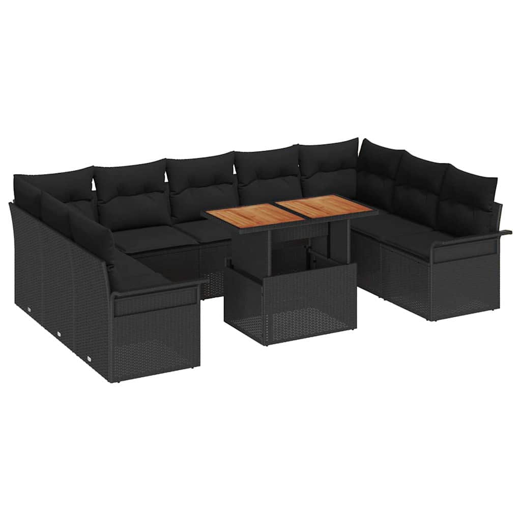 Havesofa Sæt 10 stk. Sort Polyrattan og pulverlakeret stål