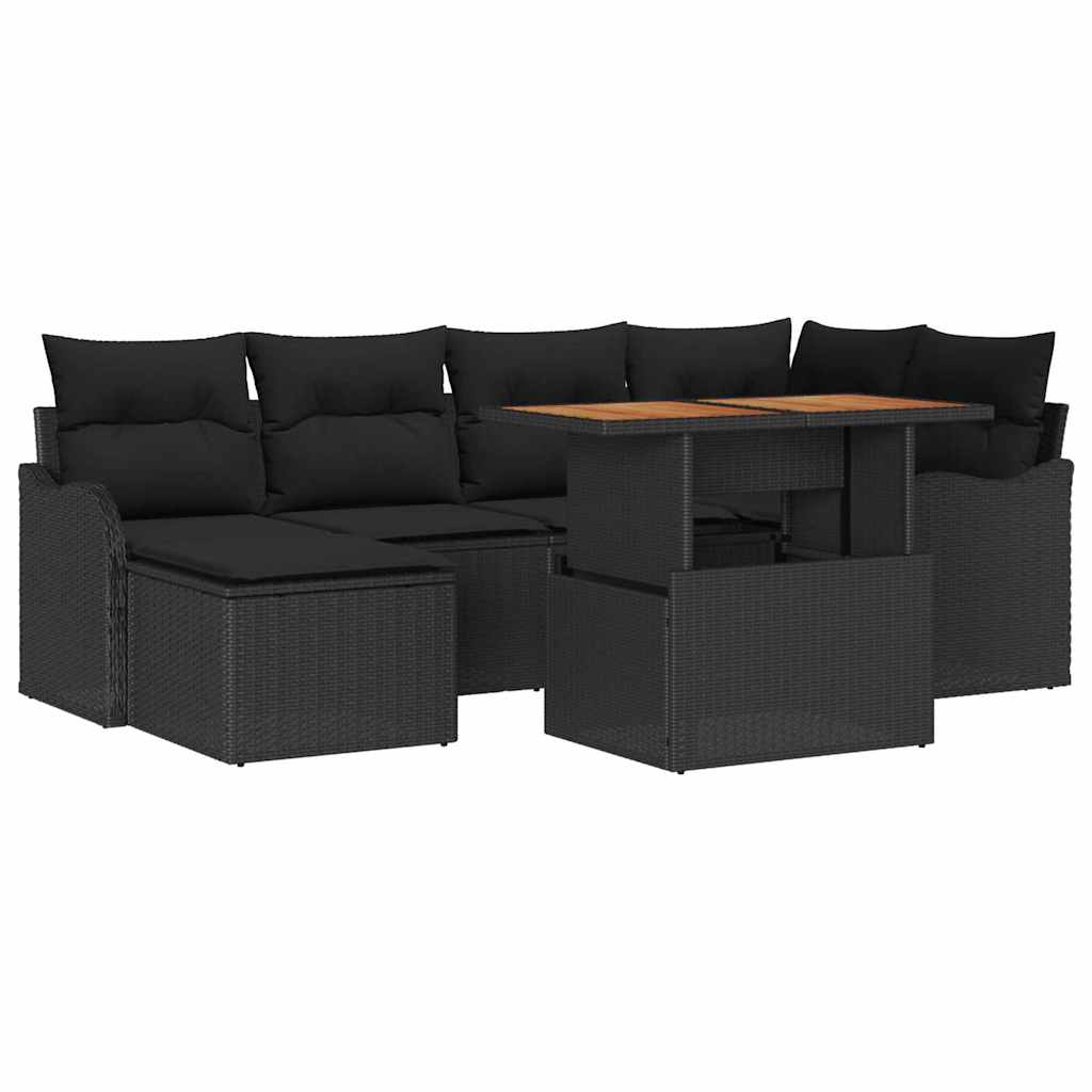 Havesofa Sæt 7 stk. Sort Polyrattan og pulverlakeret stål