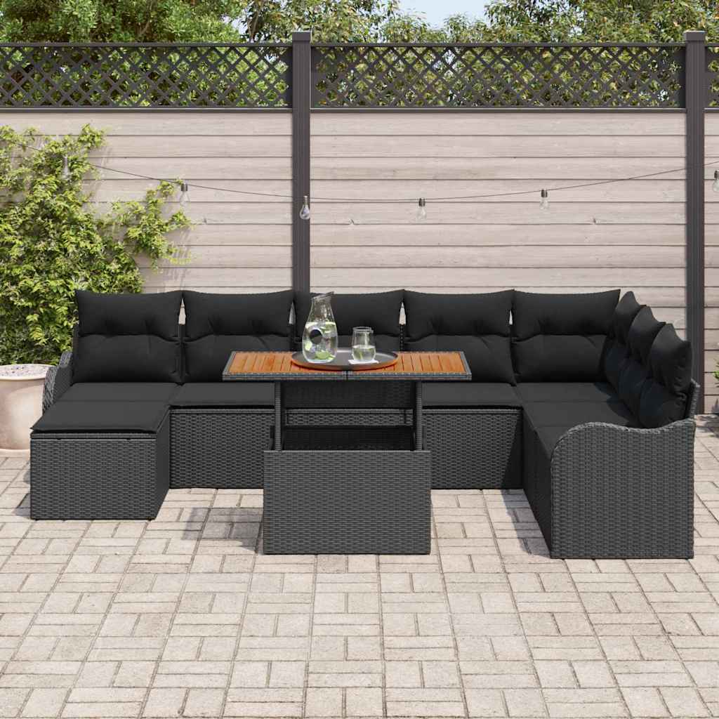 Havesofa Sæt 9 stk. Sort Polyrattan og pulverlakeret stål
