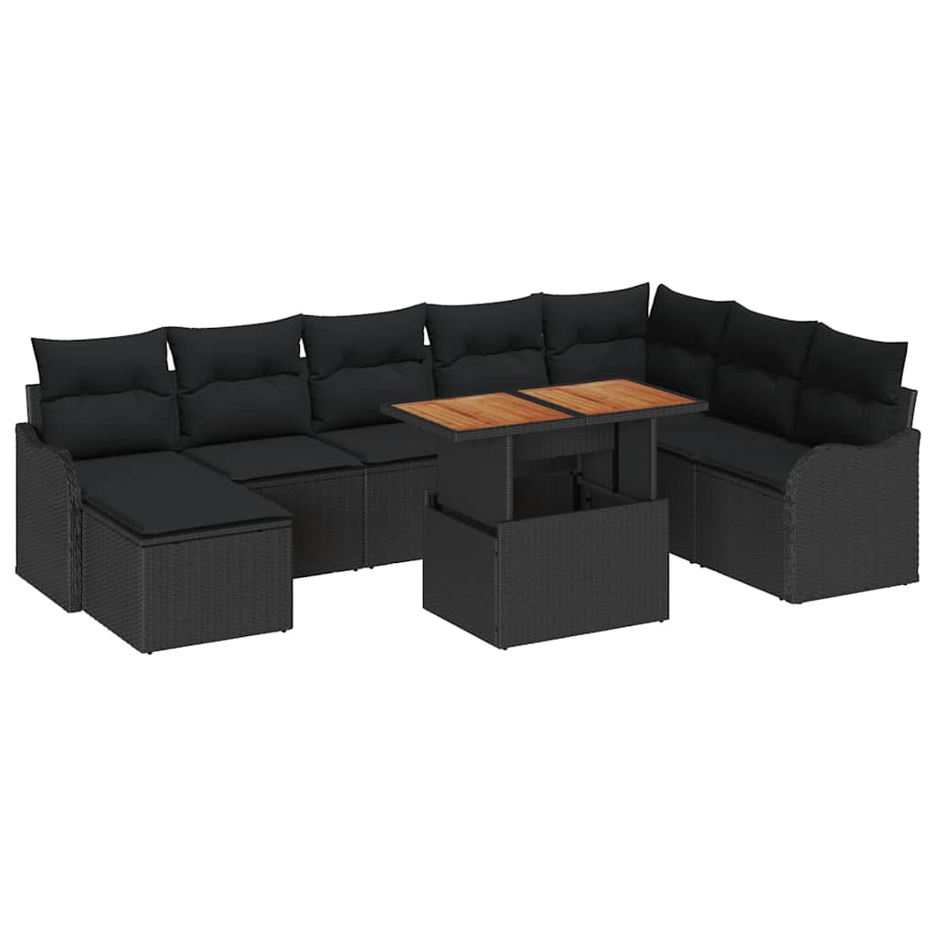 Havesofa Sæt 9 stk. Sort Polyrattan og pulverlakeret stål