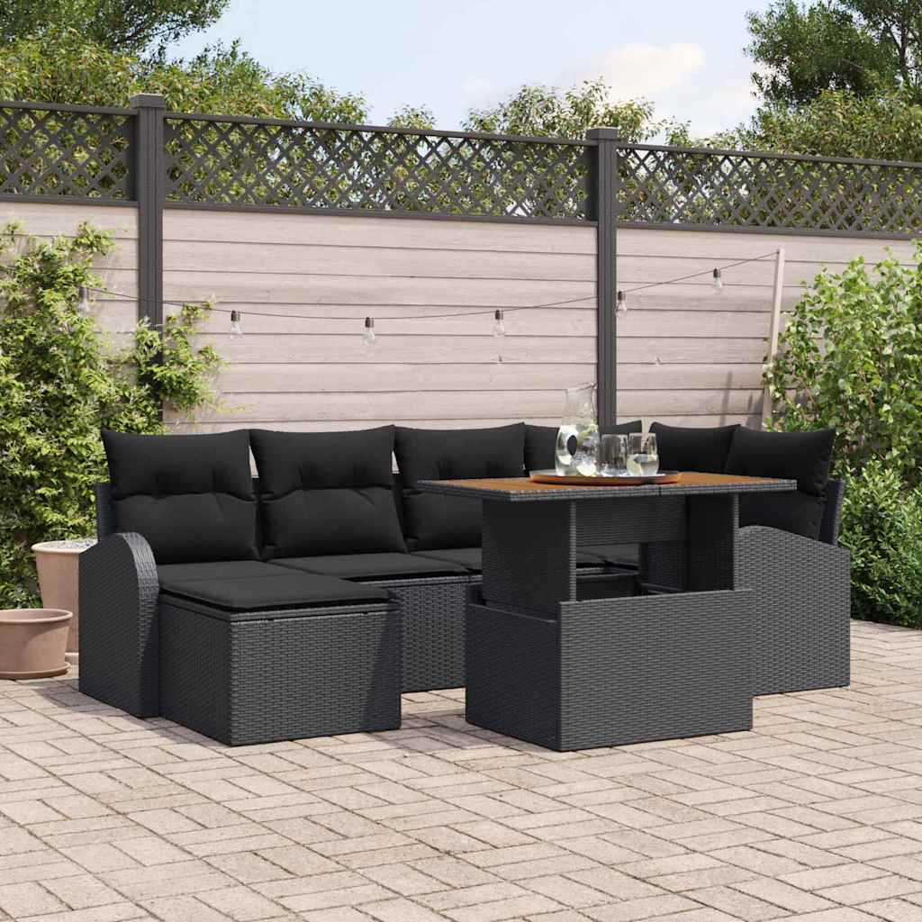 Havesofa Sæt 7 stk. Sort Polyrattan og pulverlakeret stål