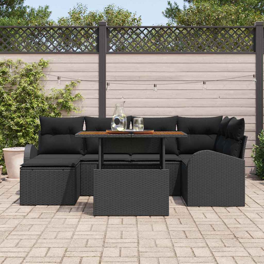Havesofa Sæt 7 stk. Sort Polyrattan og pulverlakeret stål