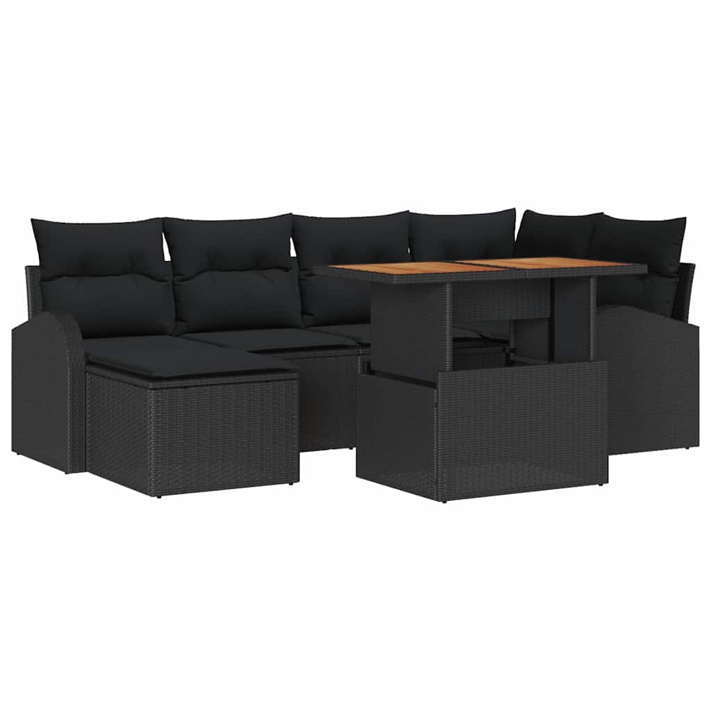 Havesofa Sæt 7 stk. Sort Polyrattan og pulverlakeret stål