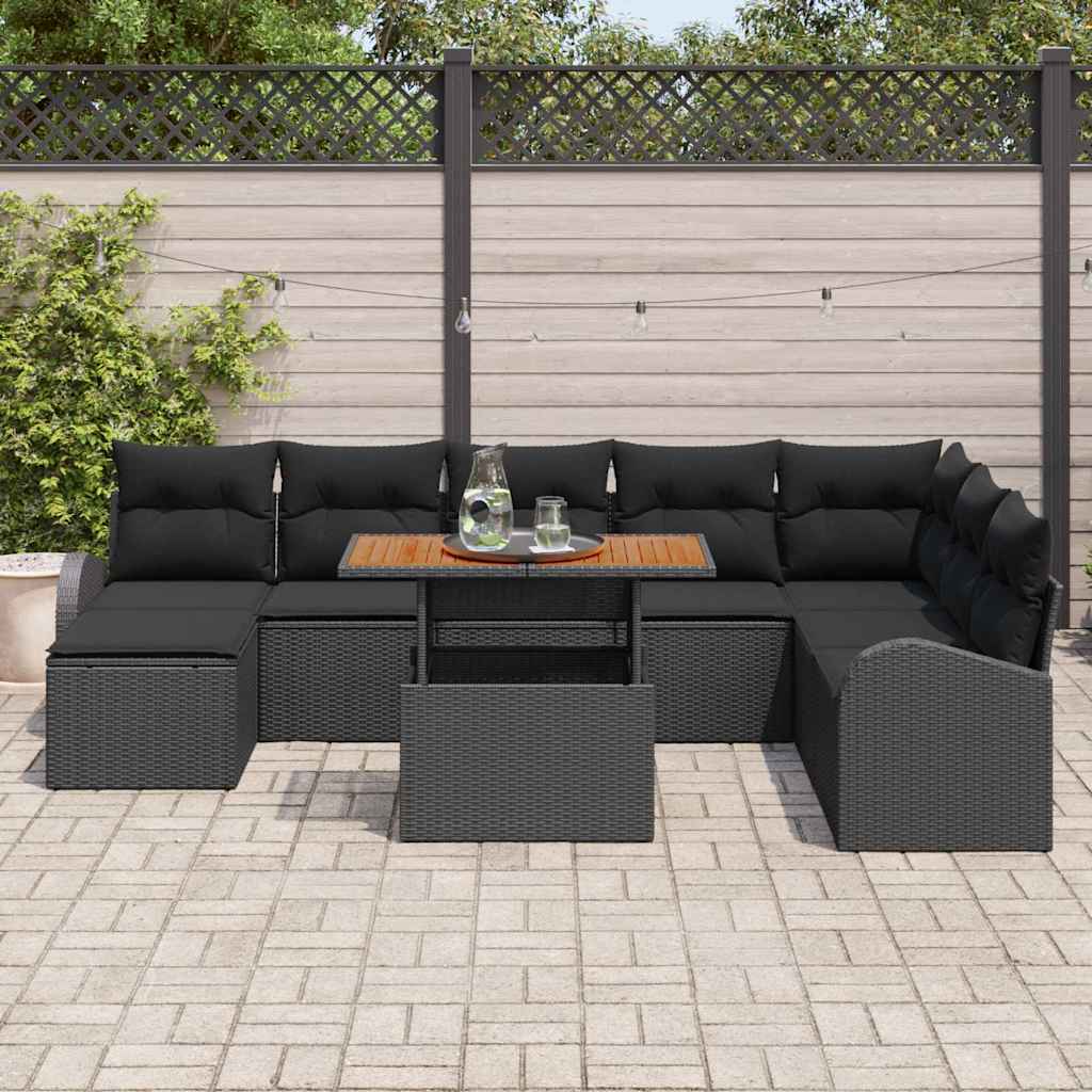 Havesofa Sæt 9 stk. Sort Polyrattan og pulverlakeret stål