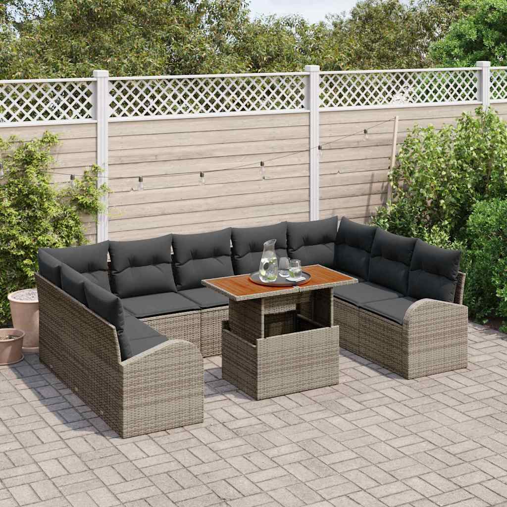 Havesofa Sæt 10 stk. Grå Polyrattan og pulverlakeret stål