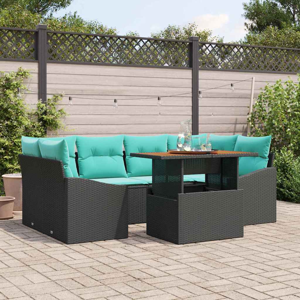 Havesofa Sæt 7 stk. 6-Antal sæder Sort og Teal polyrattan